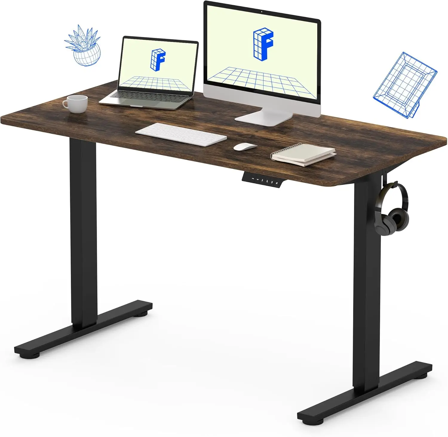 Adjustable office desk, 48x24 electric standing desk, sitting standing desk (black frame+country style, 2-piece set)