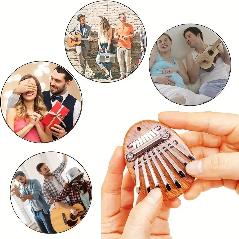 بيانو صغير محمول من الخشب والكاليمبا مكون من 8 مفاتيح مع 8 قطع بيانو إصبع بني للأطفال 14+ هدايا آلات موسيقية