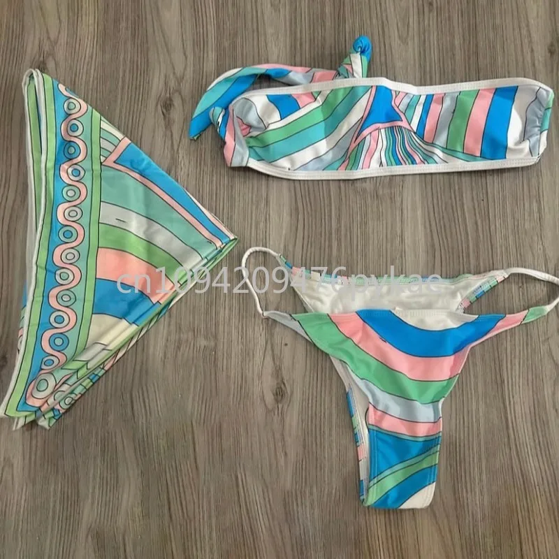 

Classic Design Women's Scarf Tube Top Bikinis Set Designer Brand Women's Swimsuit Set with Scarf