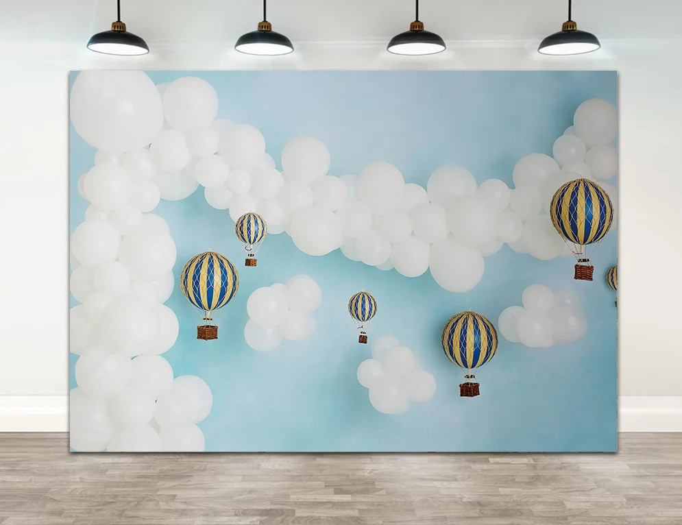 

Blue Sky White Clouds Hot Balloon Photography Backdrop Decor Boy Baby Birthday Party Cake Smash Background Photo Studio