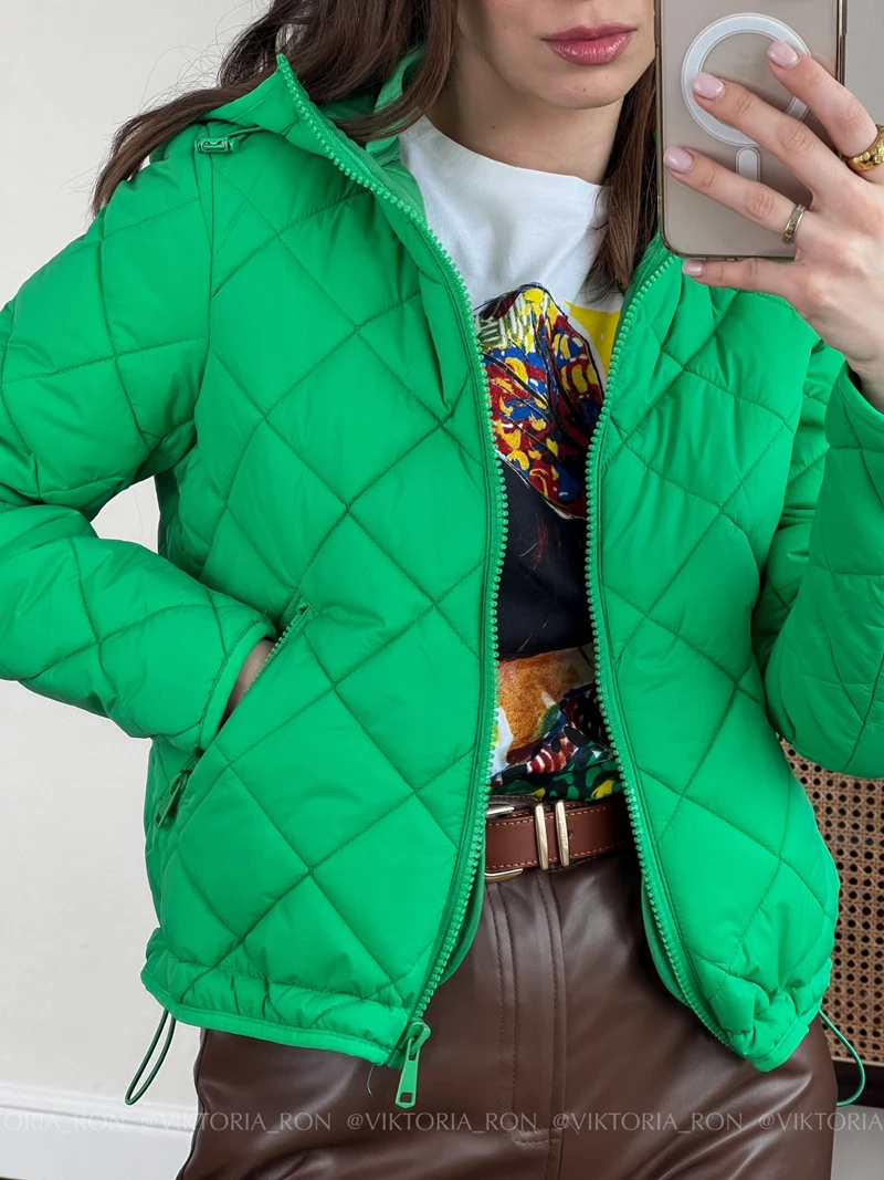 CNlalaxury 2022 Women Thin Parkas Green Hoodie Outwear Female Long Sleeve Plaid Padded Coat Casual Loose Jacket Spring Bomber