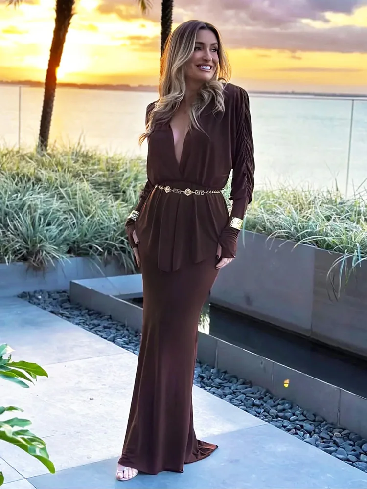 

kliou Elegant Classic Women 2 Piece Set Concise Full Sleeve Irregular V-neck Tops+Matching Maxi Skirts Female High Street Outfit