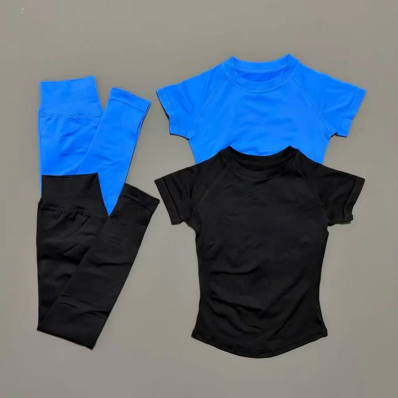 2 Pieces Impact Short Sleeve Set Women Round Neck Breathable Short Sleeve Yoga Sports Leggings Gym Sportswear Workout Sets