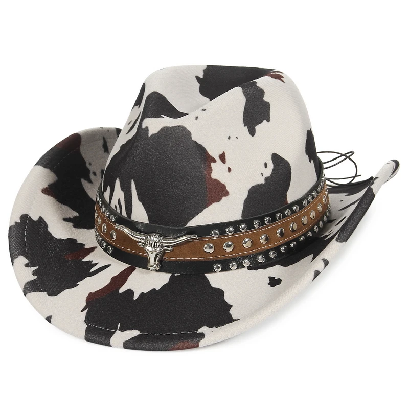 GEMVIE Retro Western Cow Print Cowboy Hat for Men Women Wide Brim Fedora Cowgirl Hat with Oxhead Leather Belt