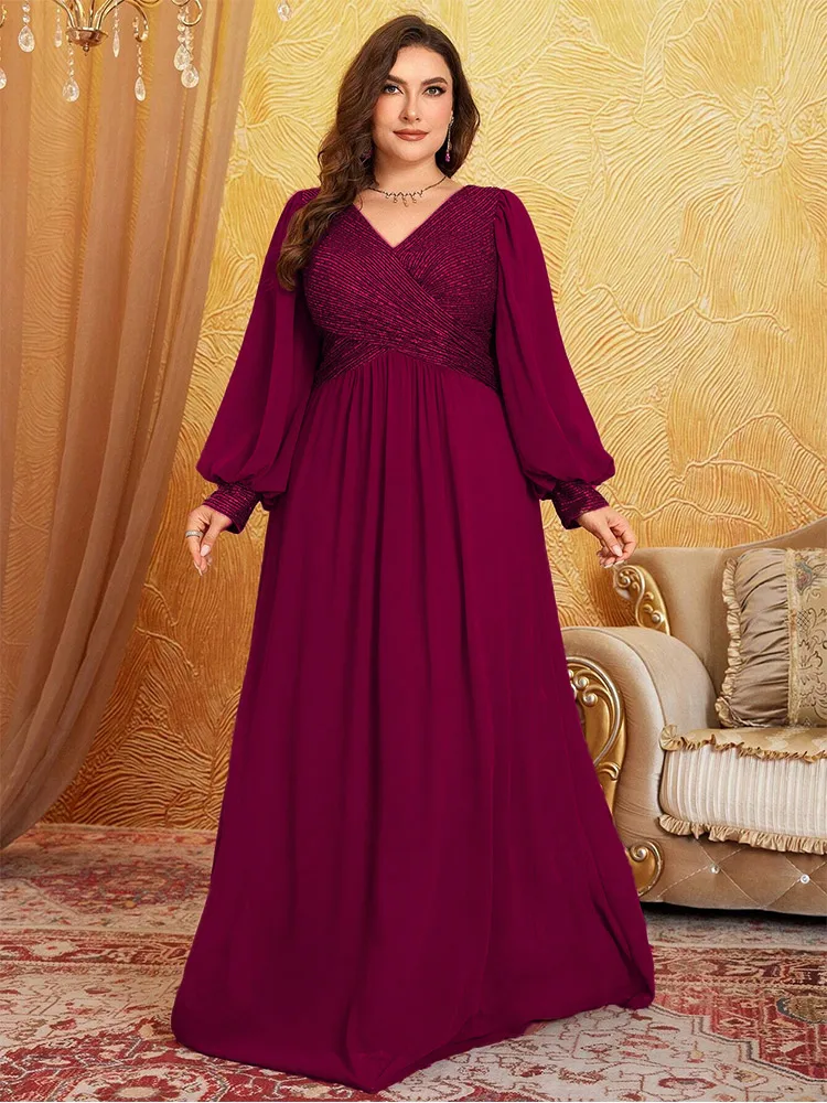 Plus Size V Neck Sequin Evening Gown Chiffon Floor Standing Evening Gown 4XL 5XL Big Size Long Sleeve Luxury Prom Gown Women