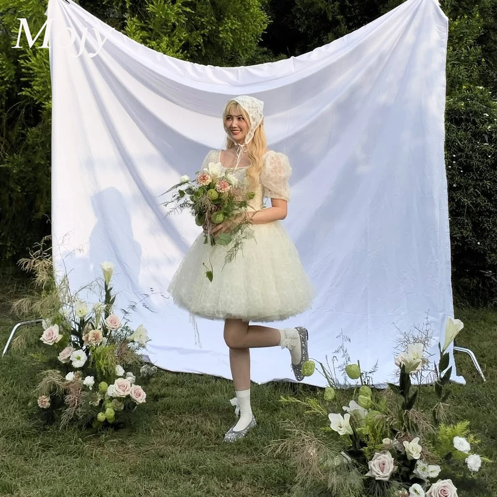 

Mojy Square Collar Mini A-Line Silk Tulle Short Prom Dresses 저녁 드레스 Customize Corset Back Korea Wedding Dress Photo Shoot