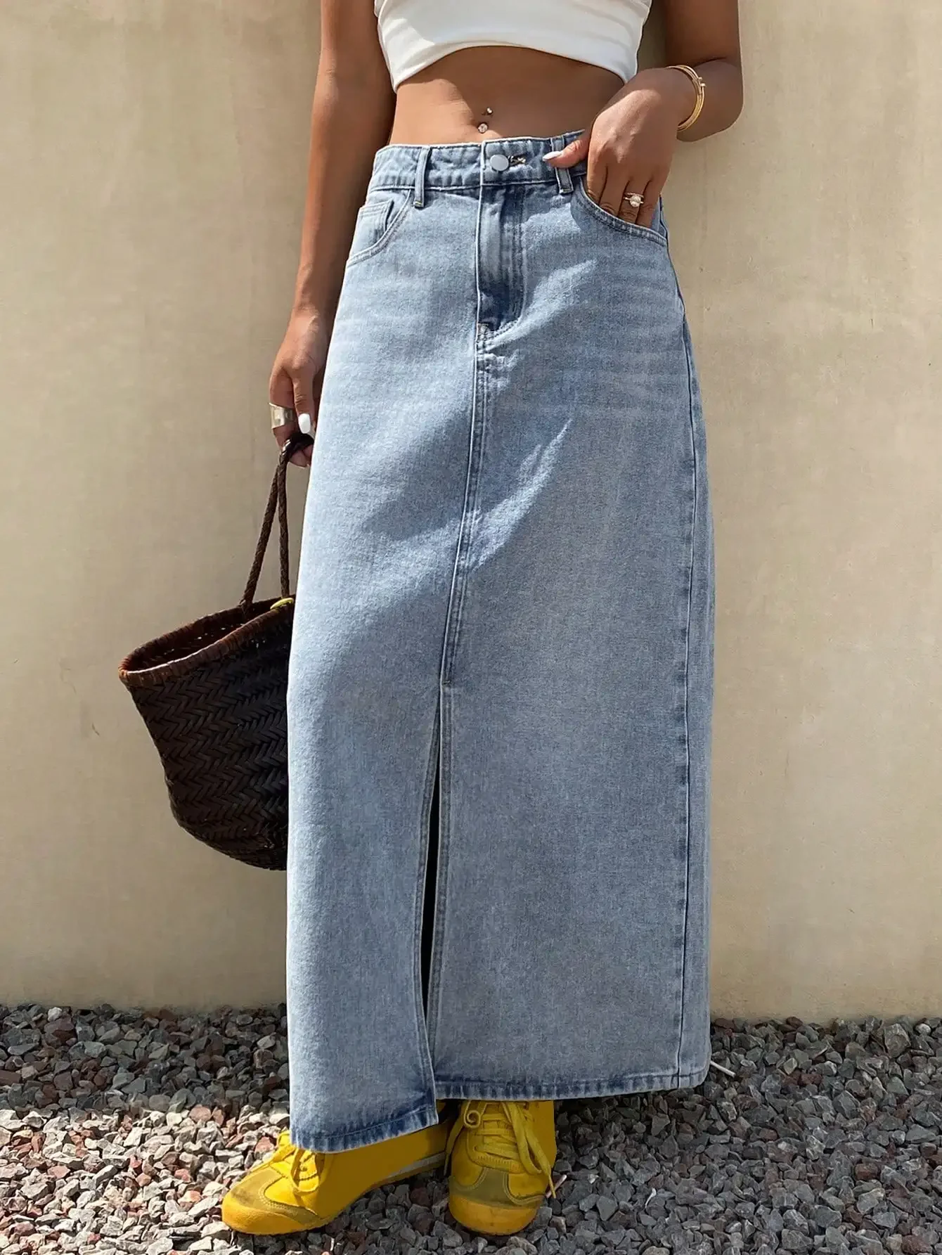 

Light Wash High-Waisted Split Front Denim Maxi Skirt for Women