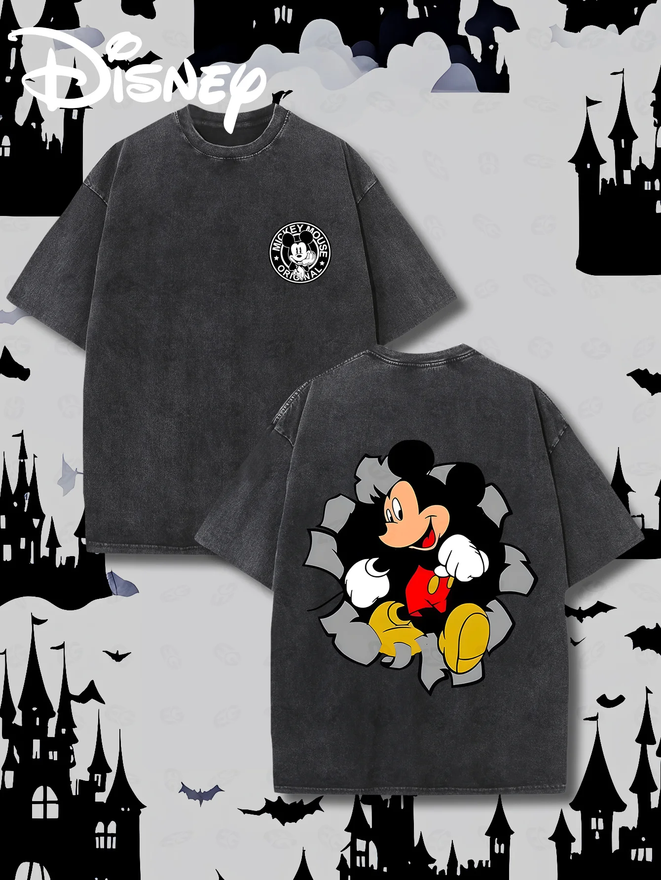 

Классическая женская футболка Disney с двусторонним принтом и Микки, стиль для пары, универсальный стиль, 100% стираный хлопок, тяжелый, 230 г