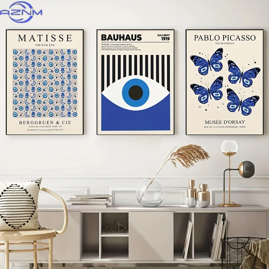 3pcs Abstract Picasso, Matisse & Bauhaus Evil Eye Canvas Art Prints - Frameless Wall Decor for Living Room, Bedroom, Home Office