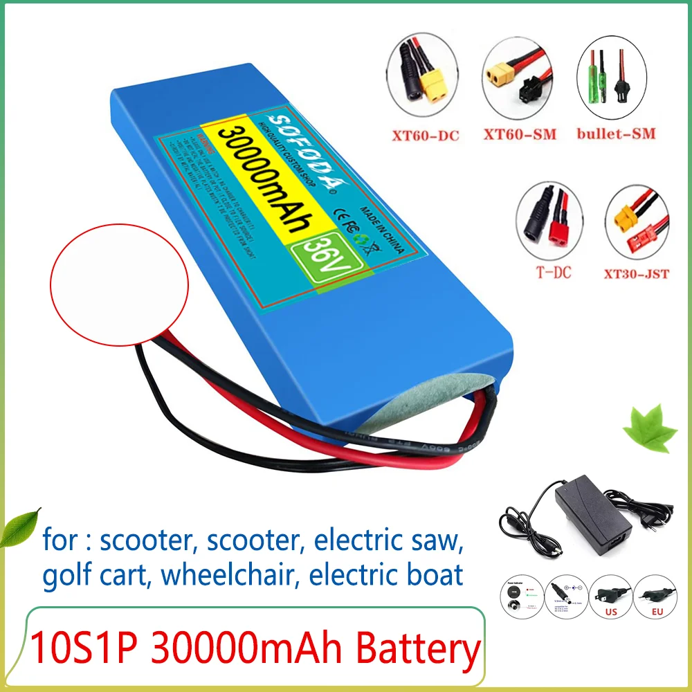 36V 30000mAh 10S1P 18650 Lithium-Ionen-Akku mit großer Kapazität, 30Ah, mit BMS 500W, ausgestattet mit 42V 2A Ladegerät