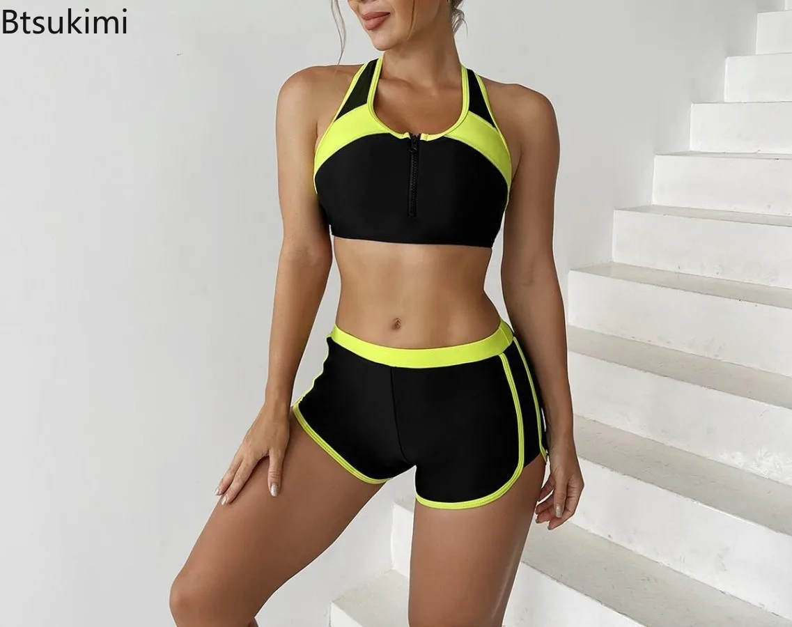 2025 Two Piece Swimsuit Women Zipper Tankini Set High Waist Shorts Swimwear Female Bathing Swimming Suit Sports Beachwear Summer