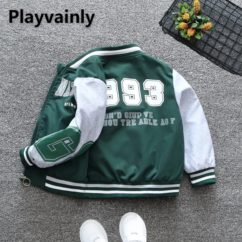 

Spring Autumn Boys Fashion Baseball Coat Green Black Letter Print Stand Collar Long Sleeve Bomber Jacket Children Clothes E98611