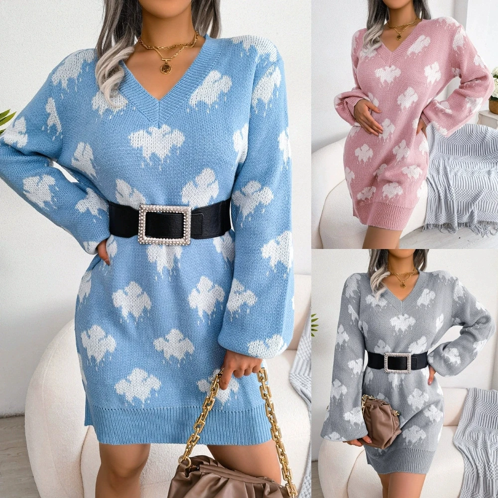 

European and American fashion street style contrast color cloud lantern sleeves women's basic casual wool clothing skirt