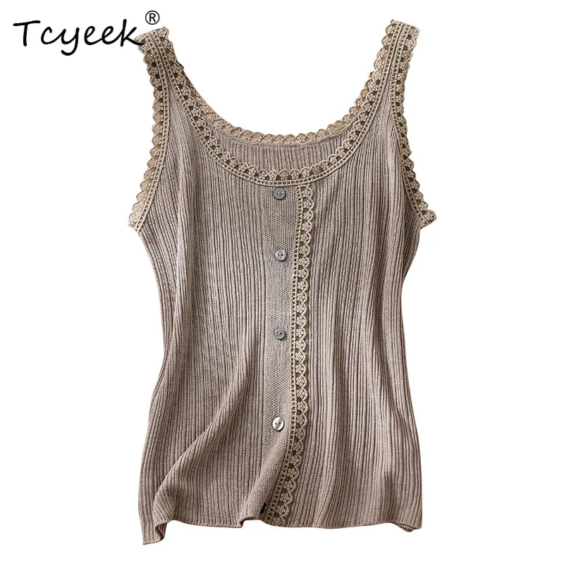 

Tcyeek, элегантный жилет из 55% шелка, женский кружевной топ с круглым вырезом, милый удобный универсальный тонкий вязаный топ, лето 2024 P46592QC