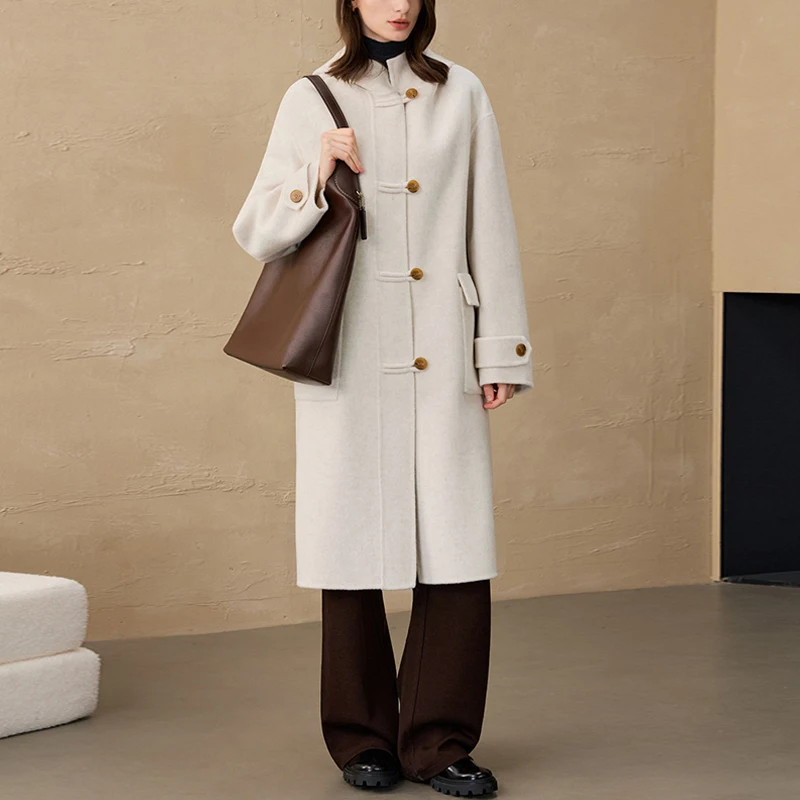 

2025 Winter Korean Hooded Wool Coats for Women Casual Mid-length Single-breasted 91% Wool+9% Alpaca Double-faced Woolen Outwear