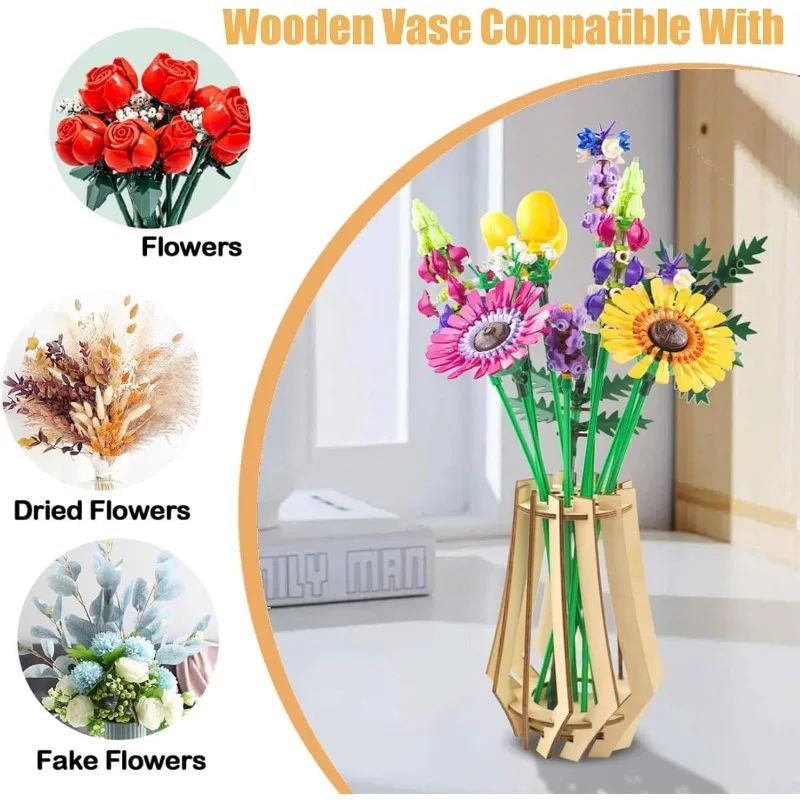 DIY Wooden Stand for Lego Roses, Cherry Blossoms, Sunflowers, Tulips, Daffodils, Lotus Home Decoration