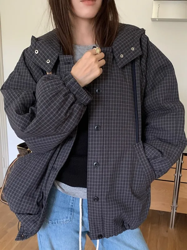 الرجعية كسول اللون بلو منقوشة فضفاضة مقنعين القطن Jaet المرأة الكورية Sle الشتاء زر واحد معطف القطن الدافئ ملابس خارجية