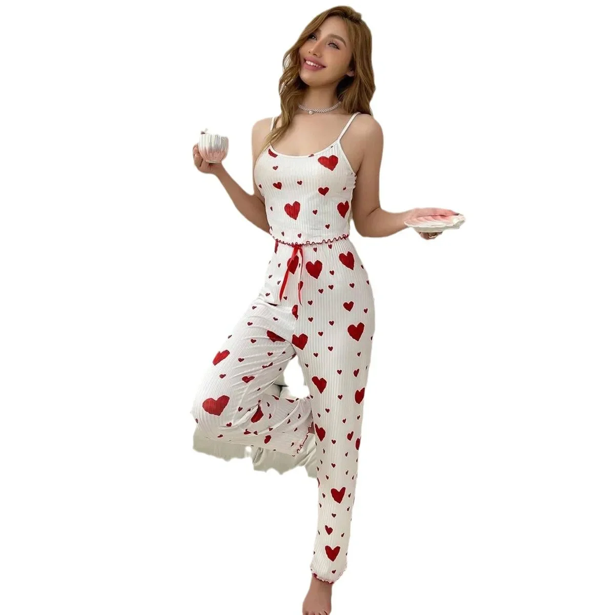 Strawberry Heart Print Sleepwear Set Camisole Trousers Fashion Women's Outdoor Clothes Homewear Comfortable Nightgown 2Pcs