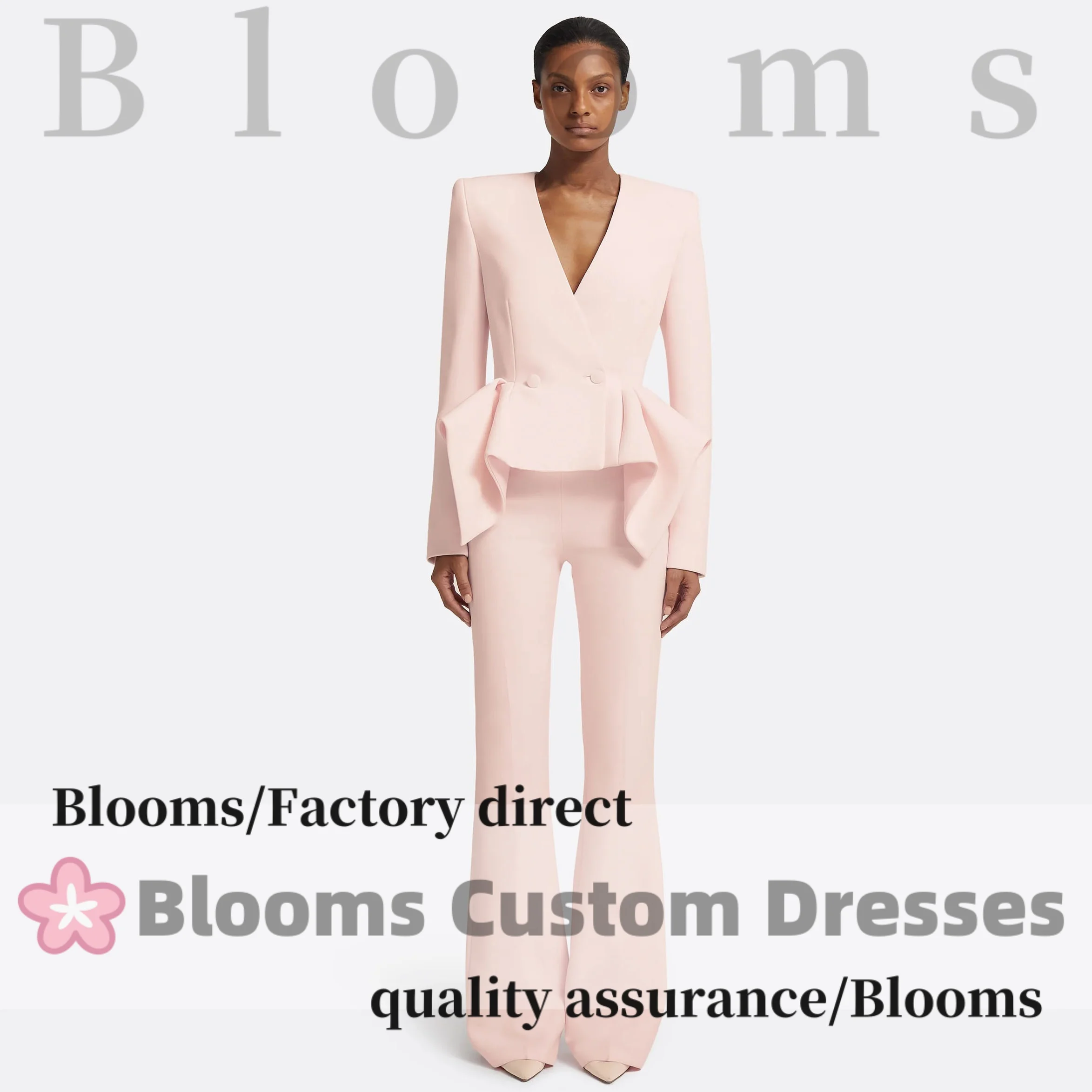 

Customized V-Neck Long Sleeves Pantsuit 2 Piece Evening Dresses for Wedding Guest Ruched Pink Formal Party Gown Plus Size