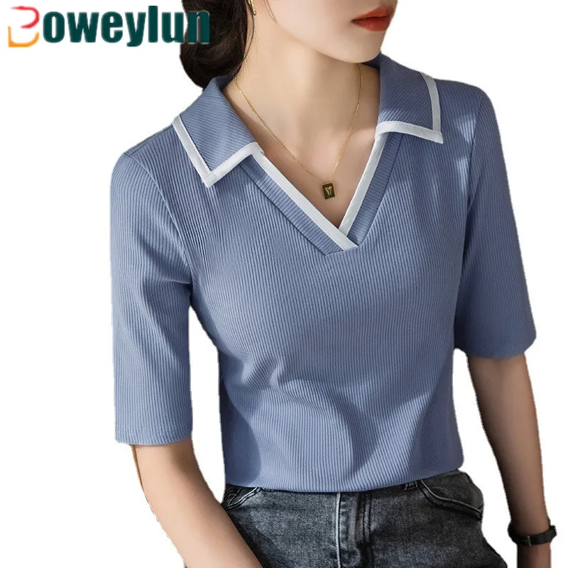 

Boweylun NewModal Five-Quarter Sleeve T-shirt Female Skin-Friendly Breathable Color Clashing Polo Collar Half-Sleeve Tops Women