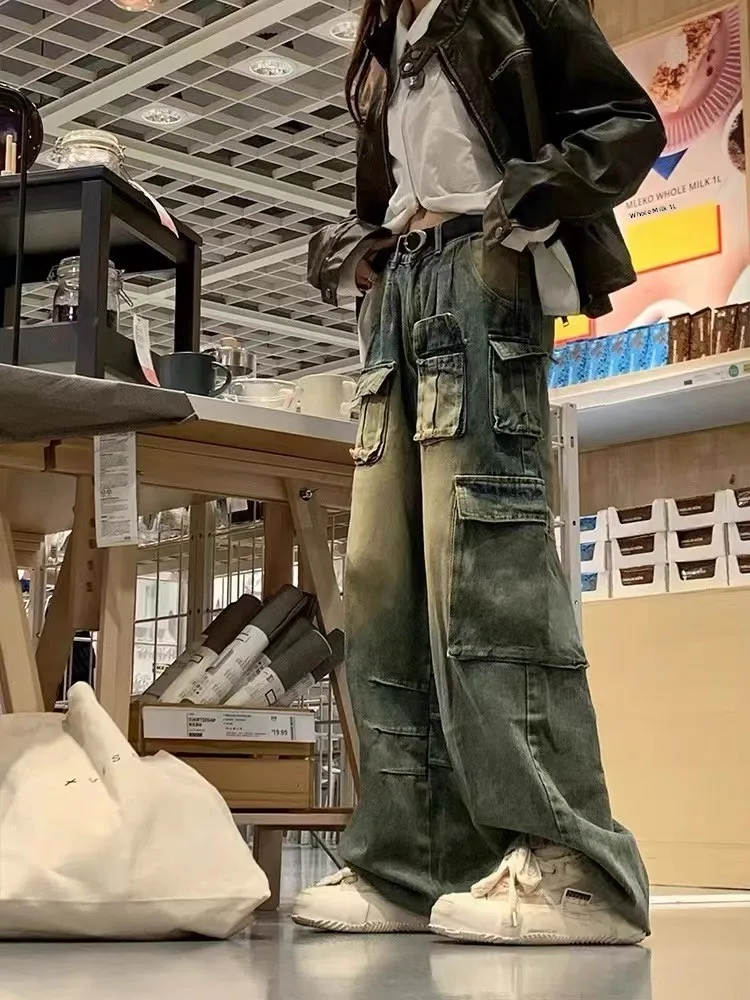 Pantaloni lunghi in denim da lavoro retrò americano Waed Primavera Autunno Trendy Brand Multi ket Pantaloni larghi a gamba dritta a gamba larga