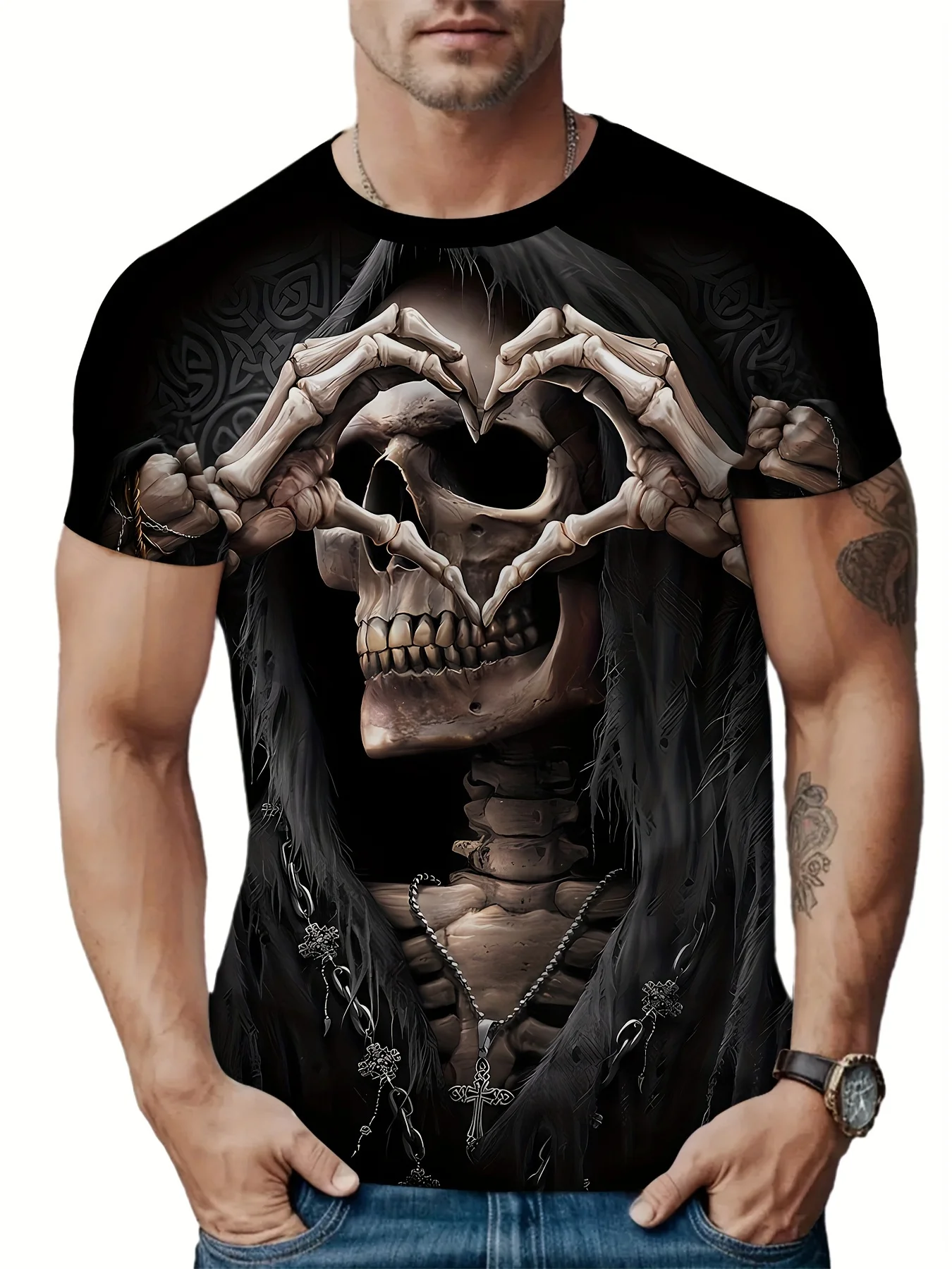 Herren-T-Shirt mit Totenkopf-Herz-Handen-Print, Gothic Dark Skull Cross Chain Streetwear Tee