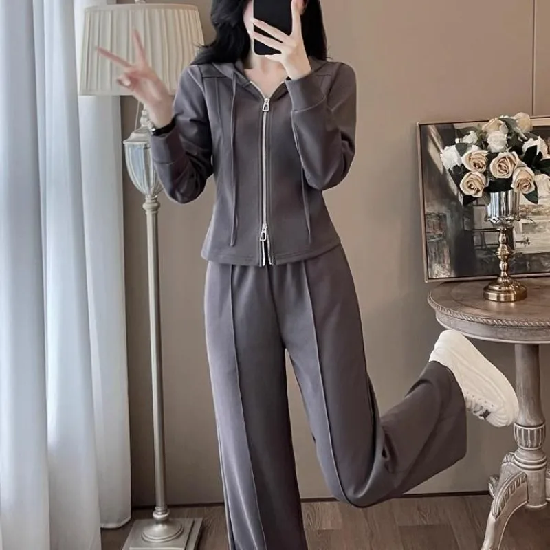 Leisure Sports Suit Women's 2025 Spring and Autumn New Fashion Hooded Cardigan Sweater and Wide-footed pants 2 Two piece Sets