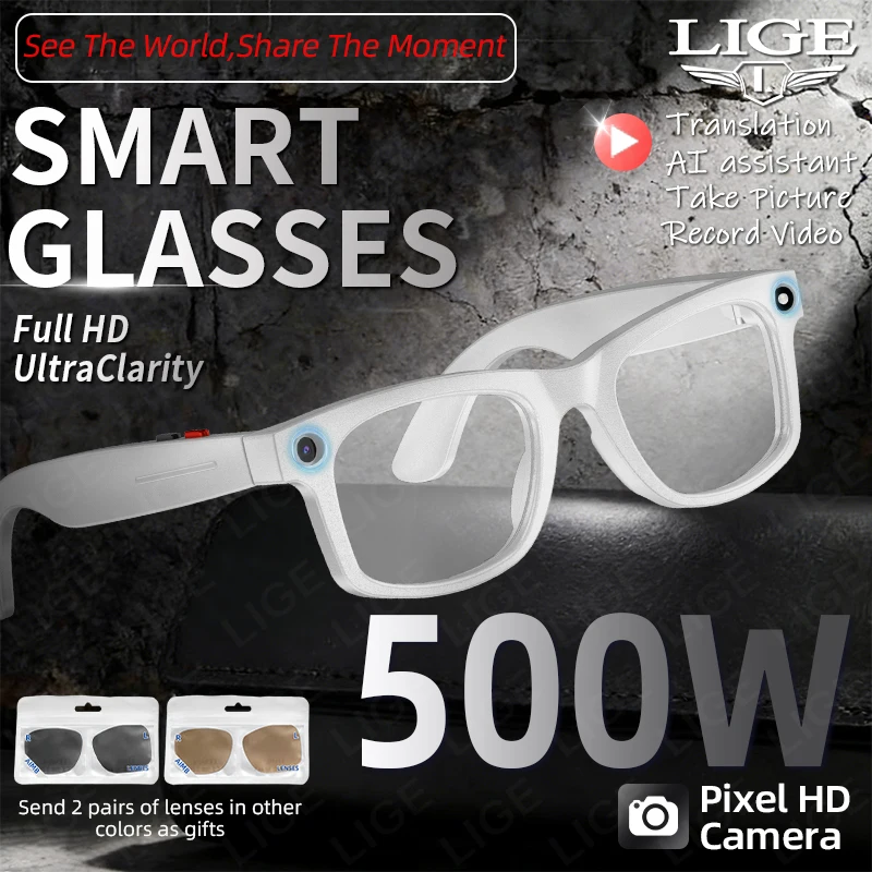 

LIGE 5MP HD Camera AI Smart Glasses 1080P Video Shooting Object Recognition Translation BT Call Music Smart Sunglasses 2026 New