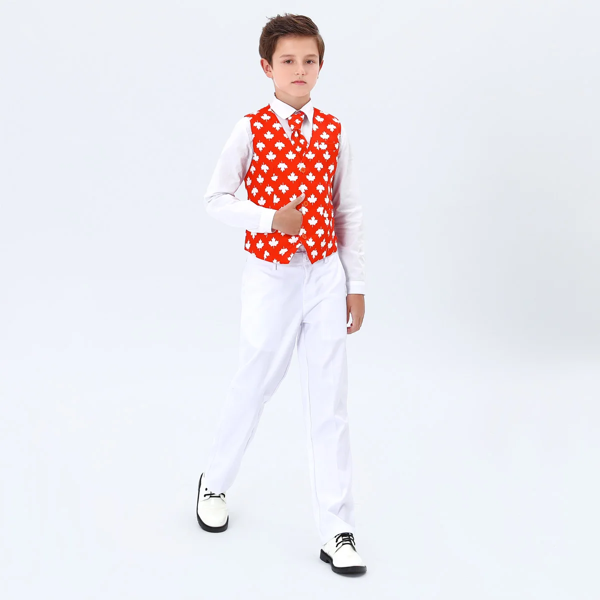 Boy Suit for Kids Canada Flag Children 1st July Patriotic White Maple Leaf Printed Formal Dress Shirts Vest Pants Clothing Set