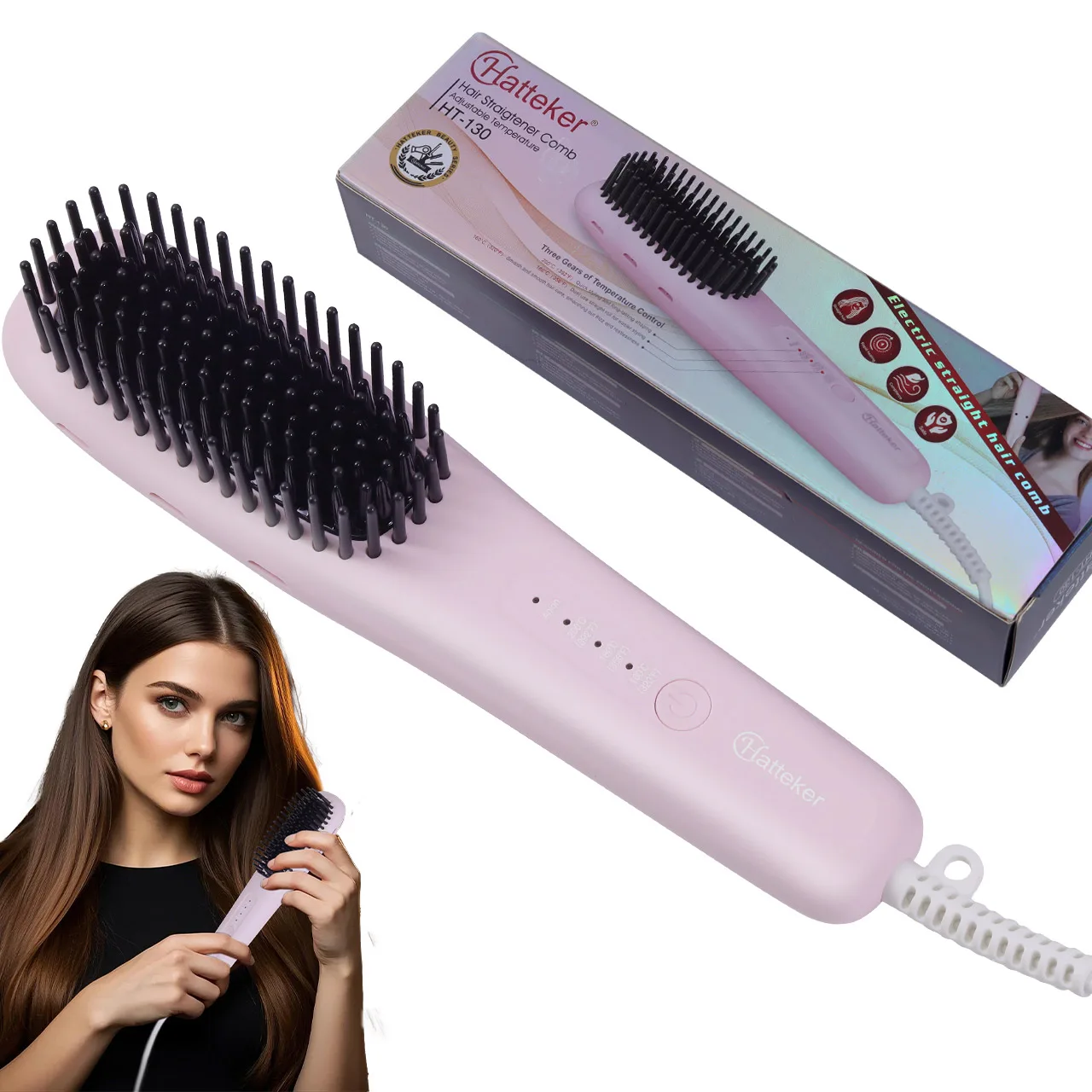 Hatteker Portable Hair Straightener Brush Negative Ion Multi-Temp Brush for Smooth Damage-Free Styling Home