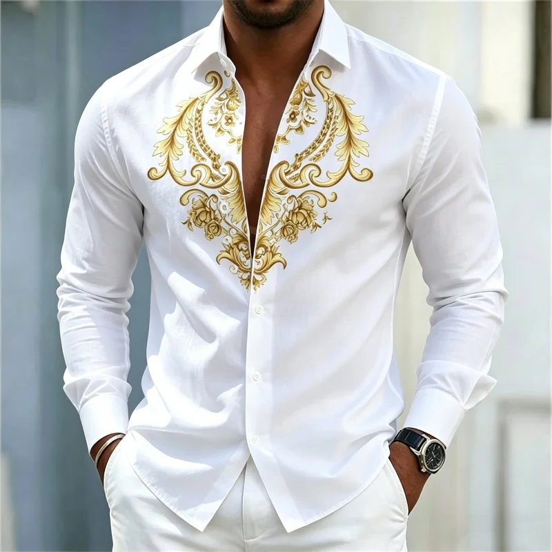 Men's shirt solid color lapel long sleeved shirt retro gold Baroque pattern printed business casual shirt comfortable men's wear