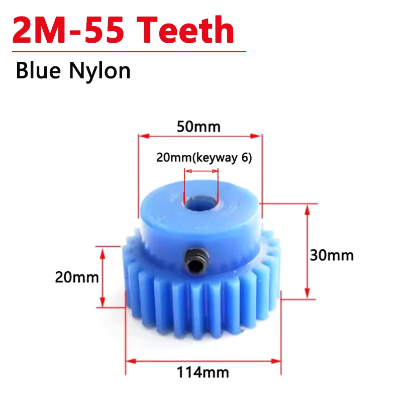 

4pcs 2M 55 Teeth Blue Nylon Spur Gear 55T 2 Module Motor Gear With Step Plastic Gear Keyway Bore 20mm