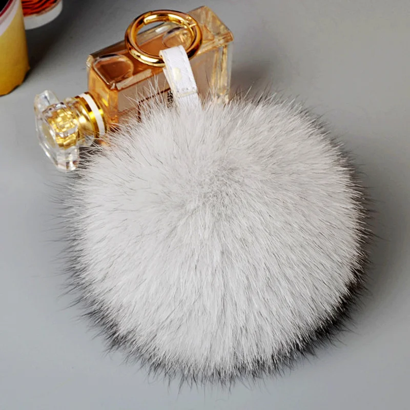 Big 10cm Fluffy Real Fox Fur Ball Pom Poms Natural Fur Pompom Leather Strap Keychain Key Chain Ring Pendant For Women Charm