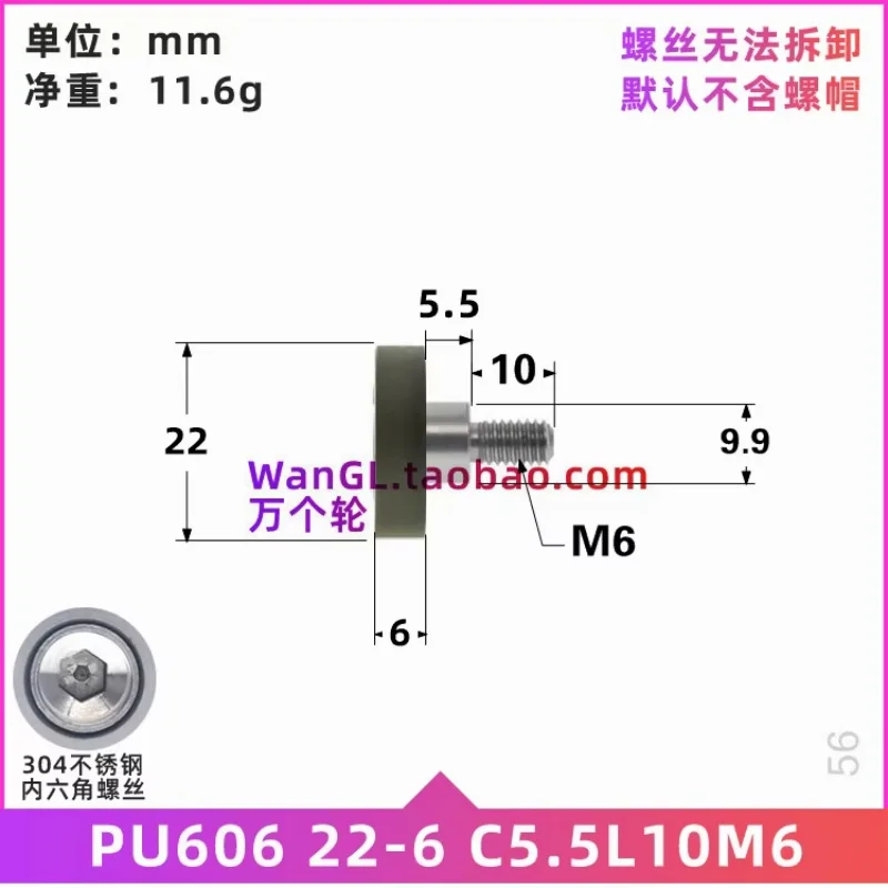 1 pezzo 6x22x6 mm con viti in acciaio inossidabile, cuscinetto M6, puleggia mobile, guida a rulli, ruota con cuscinetto morbido silenzioso in poliuretano