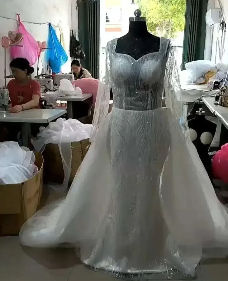 Personalizado lantejoulas sereia vestido de casamento manga longa com decote em v completo miçangas rendas 2 em 1 sereia feito sob encomenda vestido de noiva