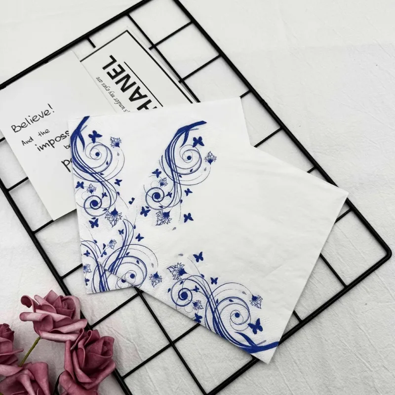 10/20pcs/P Blue Country Style Butterfly Floral Print Napkins Folded Square Paper Party Paper Placemats Butterfly Bone Bart Paper