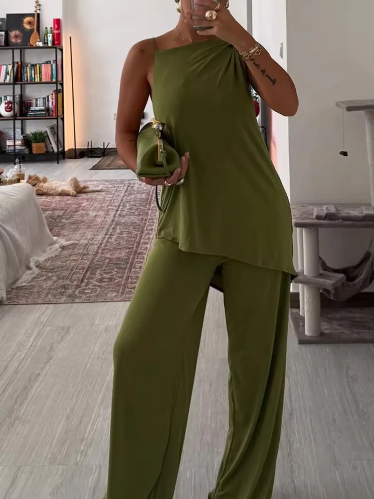 HH-traje de pantalones lisos para mujer, traje asimétrico sin espalda con decoración plisada, Top con tirantes + pantalones de pierna ancha caídos con cintura elástica elegante