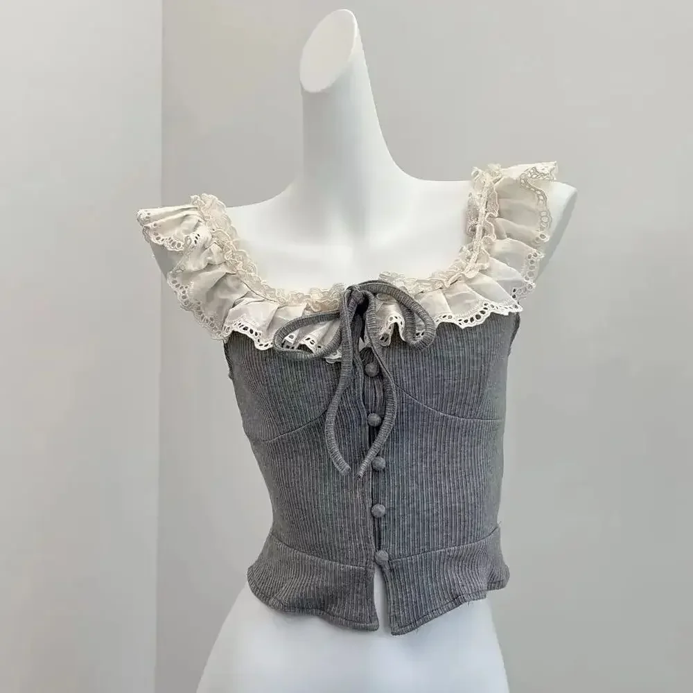 Women's Off White Lace Patchwork Crop Top Fashion Vest 90s Aesthetic Lace-up Off Shoulder Sleeveless Y2k Vintage 2000s Tank Tops