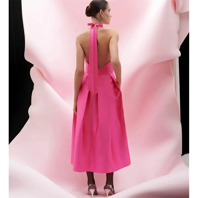 Elegant Short Hot Pink Halter Neck Homecoming Dresses A-Line Pleated Tea Length Backless Prom Party Gown for Women