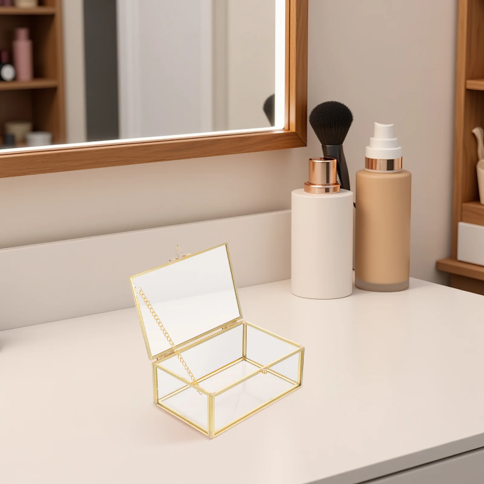 

Vintage Glass Keepsake Box Elegant Transparent Jewelry Organizer Golden Frame Storage for Vanity Lipstick Rings Bracelets