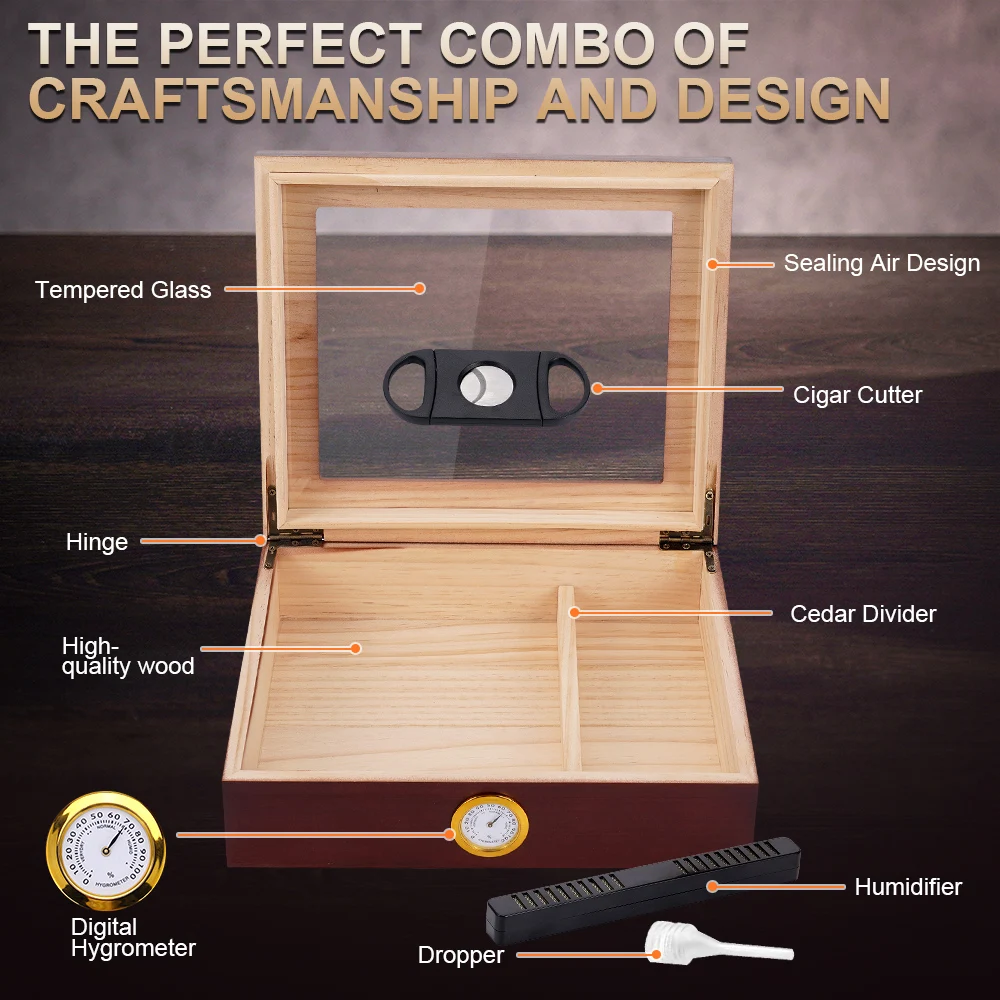 Wooden Cigar Box Black Reddish Brown Finish Transparent Lid Moisture Retaining Cigar Humidor Storage Box for Cigar Collection
