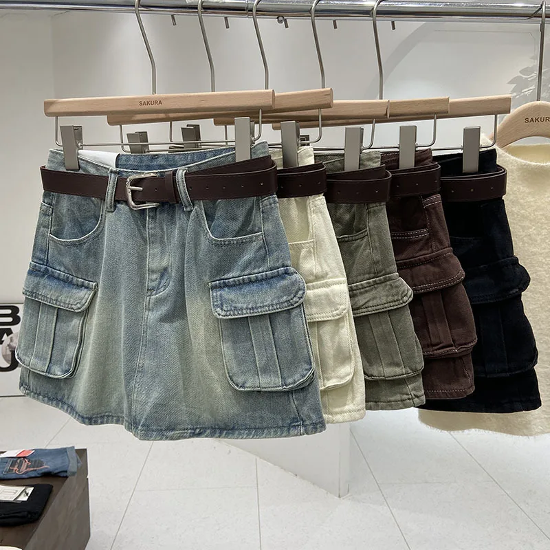 

Retro Gothic Y2k Off White Mini Skirt Fashion Harajuku Multi Pocket Denim Plaid Skirt Womens Streetwear Casual Sexy Short Skirt