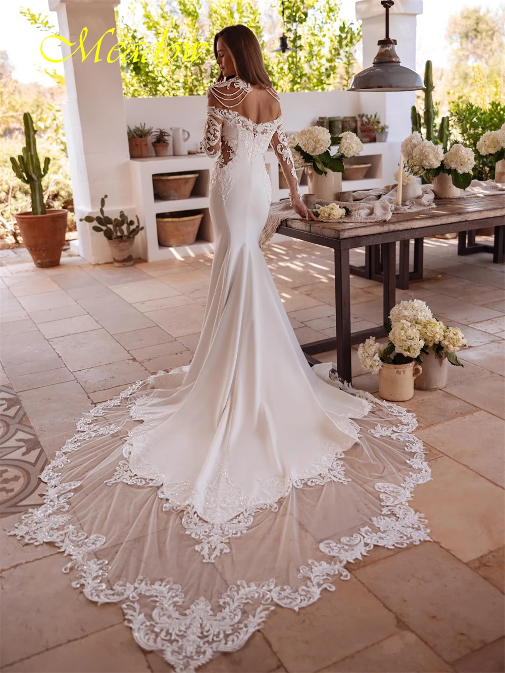 فستان زفاف مثير من الساتان الأبيض مخصص برقبة قارب وأكمام طويلة زي العرائس حالمة حورية البحر ذيل محكمة فيستدو دي نوفيا #5