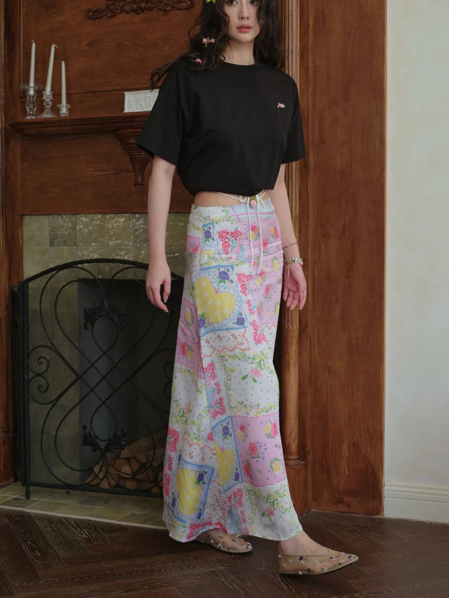 

CHEERART Floral Patchwork Long Skirt For Woman Holiday Clothes Summer Satin A Line Pink Skirt Cottagecore Korean Fashion