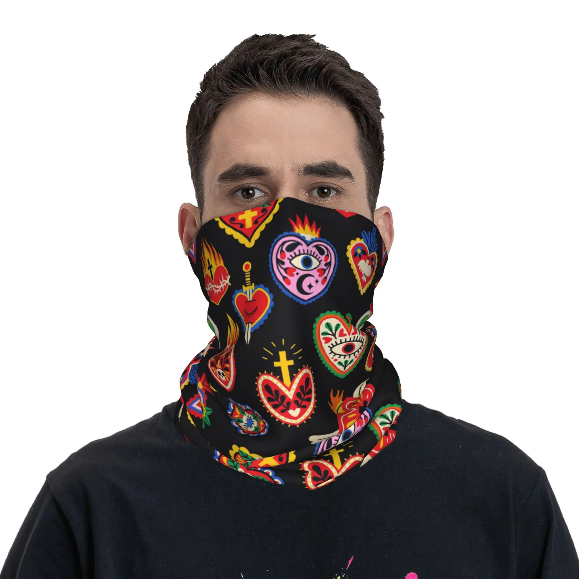 Retro Mexican Heart Milagro pattern Bandana Neck Gaiter Printed Mask Scarf Multifunction Cycling Scarf Running Unisex Adult