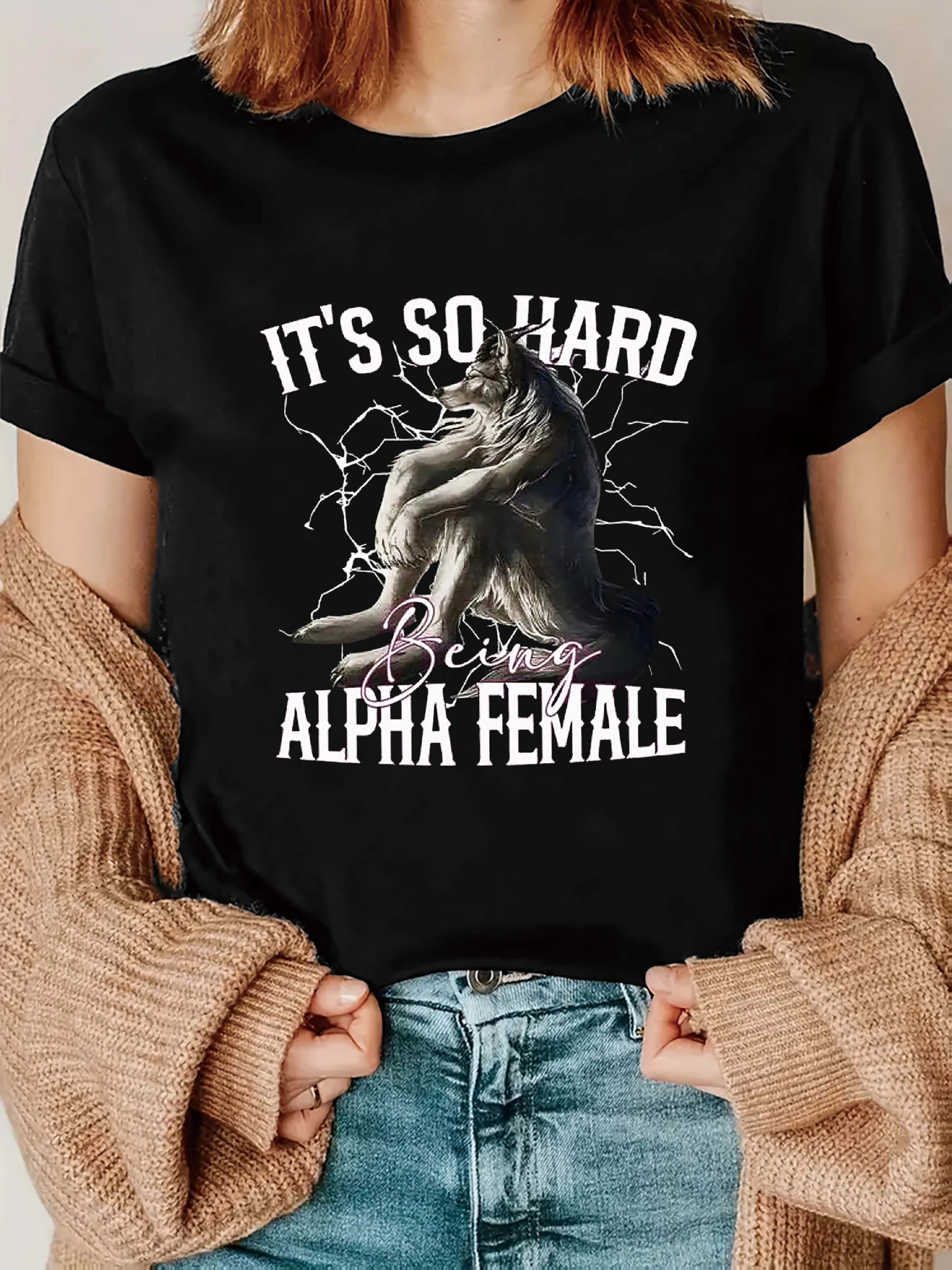 Ladies' Retro Wolf Pattern T-shirt with the slogan 'It's Hard to Be a Queen', Women's Leadership Inspirational  Daily Casual Top