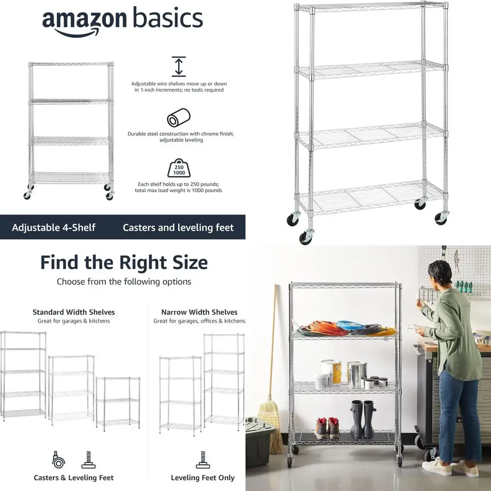 

Стеллаж из хромированной стали, усиленный, регулируемый, на колесиках, 36x14x57.8, для гаража или кухни