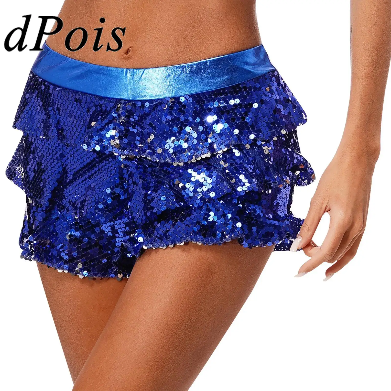 

Женские блестящие многоуровневые шорты с рюшами и юбкой, брюки-кюлоты с металлическим эластичным поясом, джазовый танец, хип-хоп, сценический костюм