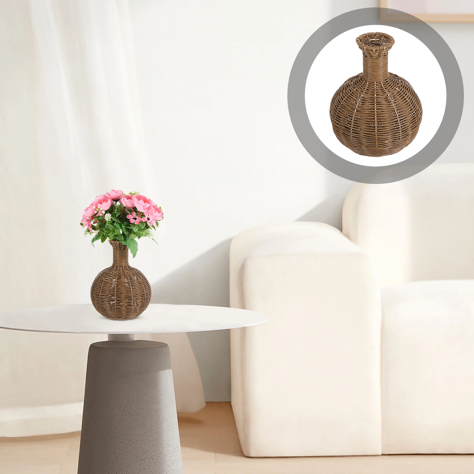 

Rustic Style Plastic Rattan Woven Flower Basket Decorative Container For Office Home Living Room Desktop Household Basket Vase