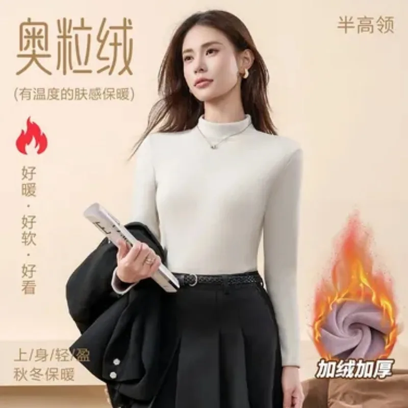 Autumn Winter Women Half Turtleneck Fleece Lined Thermal Top Oat Velvet Slim Plus Size Long Sleeve Base T Shirt